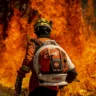 Bombeiro em combate a incêndio florestal