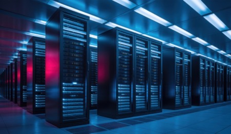 Uma sala de servidores iluminada com luzes azuis e vermelhas, destacando a infraestrutura do data center Uma sala de servidores iluminada com luzes azuis e vermelhas, destacando a infraestrutura do data center