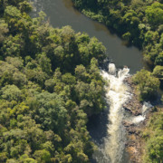 Fotografia a&eacute;rea de um rio e uma floresta densa de Mata Atl&acirc;ntica