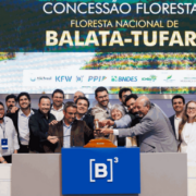 V&aacute;rias pessoas posam atr&aacute;s de um balc&atilde;o da B3 seguram um martelo. Atr&aacute;s h&aacute; uma foto de floresta e logo de Concess&atilde;o Florestal