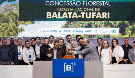 Várias pessoas posam atrás de um balcão da B3 seguram um martelo. Atrás há uma foto de floresta e logo de Concessão Florestal Várias pessoas posam atrás de um balcão da B3 seguram um martelo. Atrás há uma foto de floresta e logo de Concessão Florestal