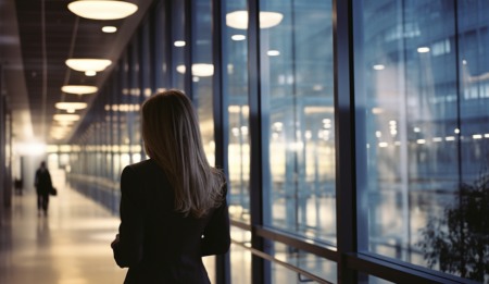 Mulher no corredor de uma empresa Mulher no corredor de uma empresa
