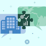 Ilustra&ccedil;&atilde;o de um pr&eacute;dio azul e &iacute;cones verdes que sinalizam crit&eacute;rios ESG, unidos por um quebra cabe&ccedil;a