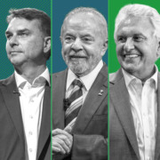 Montagem com foto de candidatos &agrave; Presid&ecirc;ncia: Augusto Cury, Fl&aacute;vio Bolsonaro, Luiz In&aacute;cio Lula da Silva, Ronaldo Caiado e Renan Santos