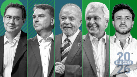 Montagem com foto de candidatos à Presidência: Augusto Cury, Flávio Bolsonaro, Luiz Inácio Lula da Silva, Ronaldo Caiado e Renan Santos Montagem com foto de candidatos à Presidência: Augusto Cury, Flávio Bolsonaro, Luiz Inácio Lula da Silva, Ronaldo Caiado e Renan Santos