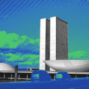 Imagem do pr&eacute;dio do Congresso com efeitos coloridos e logo Elei&ccedil;&otilde;es 2026
