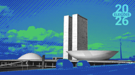 Imagem do prédio do Congresso com efeitos coloridos e logo Eleições 2026