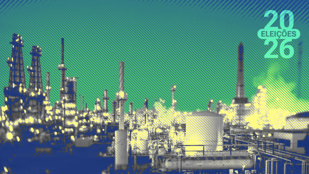Montagem de diferentes atividades industriais como produção de petróleo e gás, aço e cimento. No canto superior direito, o logo Eleições 2026 Montagem de diferentes atividades industriais como produção de petróleo e gás, aço e cimento. No canto superior direito, o logo Eleições 2026