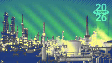 Montagem de diferentes atividades industriais como produção de petróleo e gás, aço e cimento. No canto superior direito, o logo Eleições 2026 Montagem de diferentes atividades industriais como produção de petróleo e gás, aço e cimento. No canto superior direito, o logo Eleições 2026