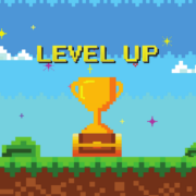 Jogo de pixel com tela. Interface de videogame retr&ocirc; de 8 bits paisagem natural com c&eacute;u azul, &aacute;rvores e grama verde