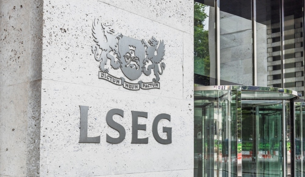 Símbolo da sede do London Stock Exchange Group (LSEG). Londres, Reino Unido, 10 de agosto de 2024